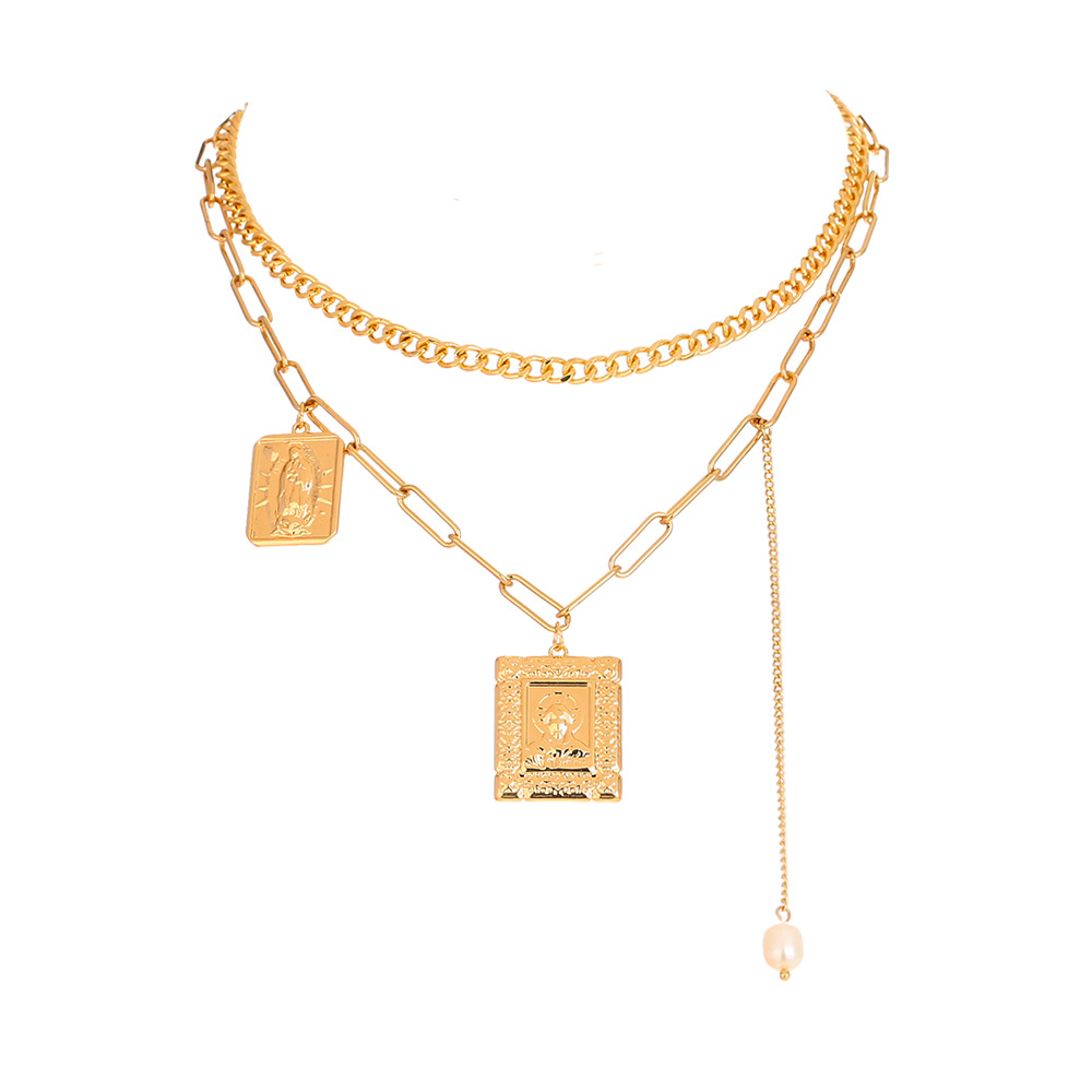 Multi-Layer Gold Necklace | Square Rice Bead Pendant