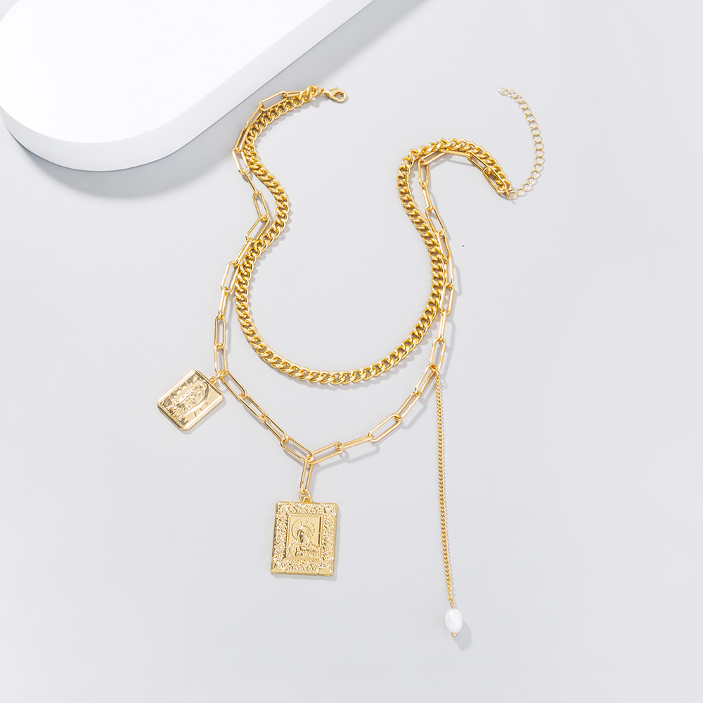 Multi-Layer Gold Necklace | Square Rice Bead Pendant