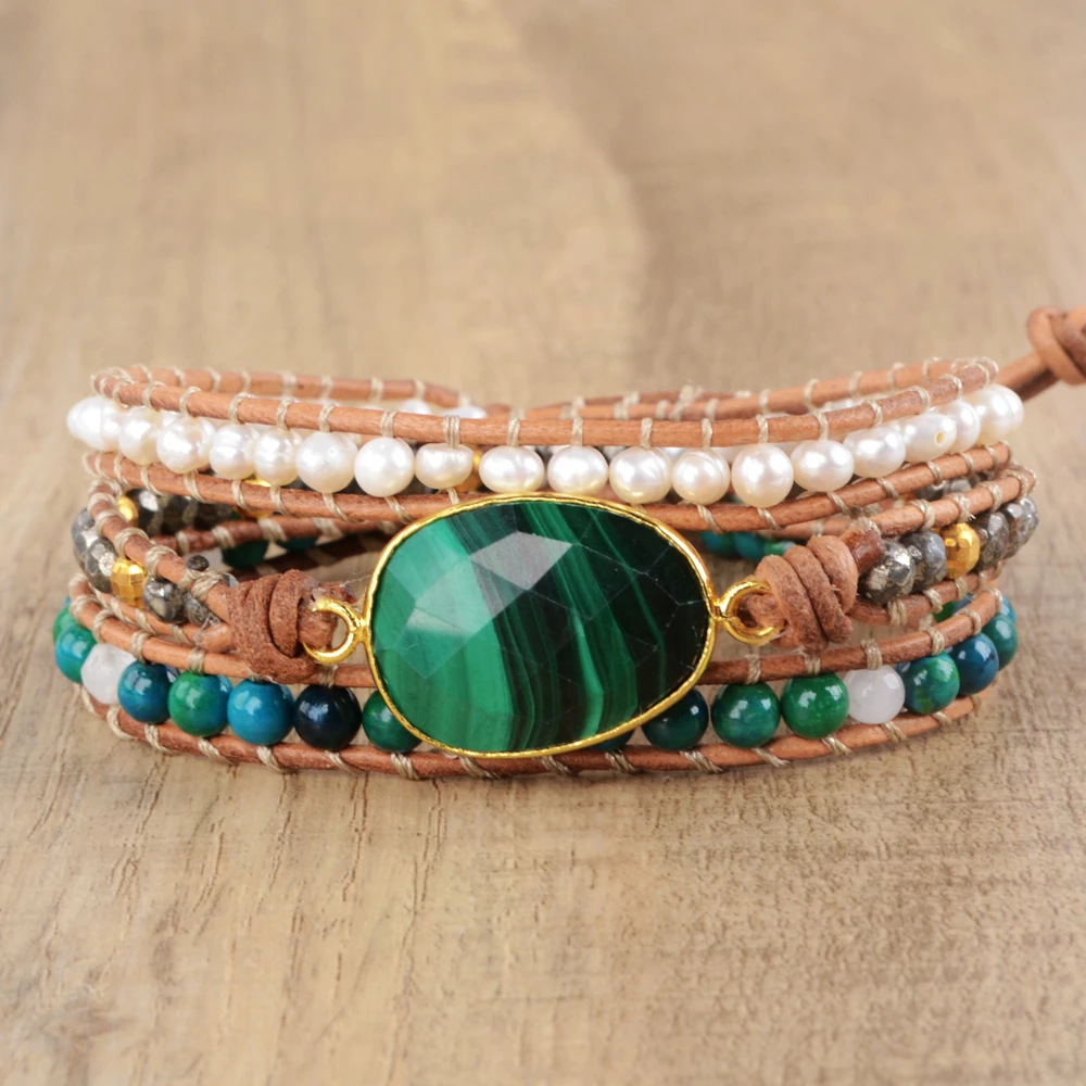 Multi-Layer Malachite Woven Bracelet | Drop Pearl Accents 6 Multi-Layer Malachite Woven Bracelet | Drop Pearl Accents