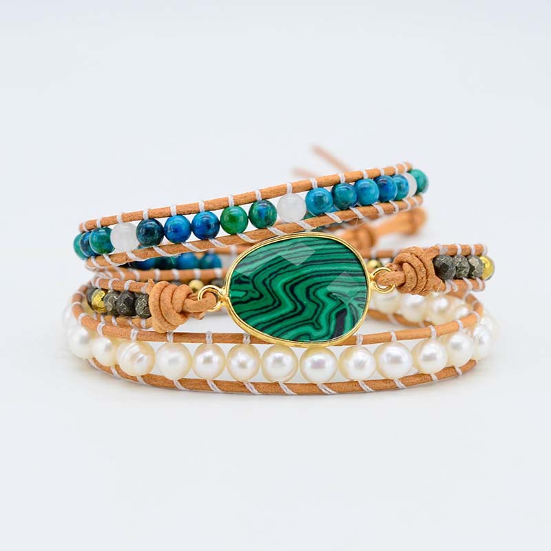 Multi-Layer Malachite Woven Bracelet | Drop Pearl Accents 8 Multi-Layer Malachite Woven Bracelet | Drop Pearl Accents