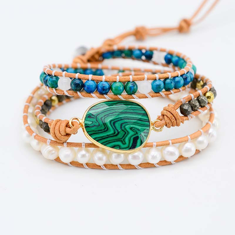 Multi-Layer Malachite Woven Bracelet | Drop Pearl Accents 9 Multi-Layer Malachite Woven Bracelet | Drop Pearl Accents