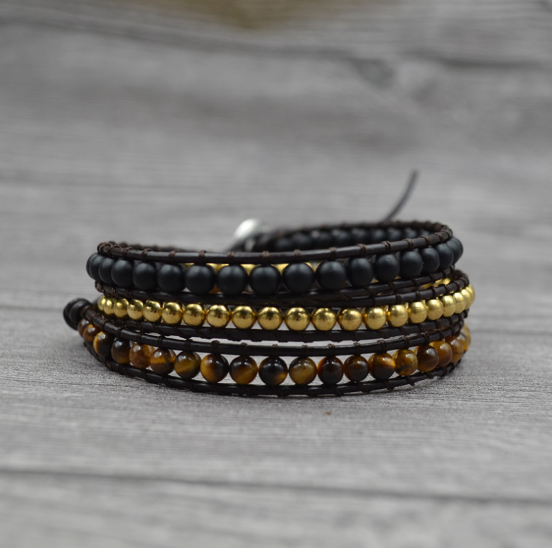 Tiger Eye Stone Wrap Bracelet | Multi-Layer Leather Band