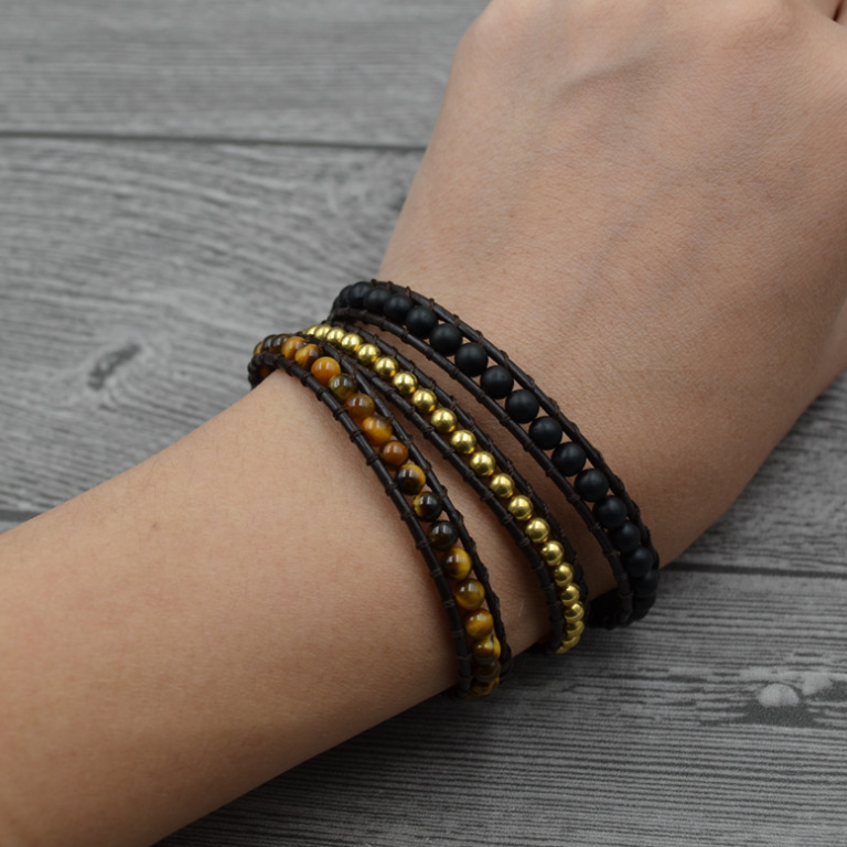 Tiger Eye Stone Wrap Bracelet | Multi-Layer Leather Band