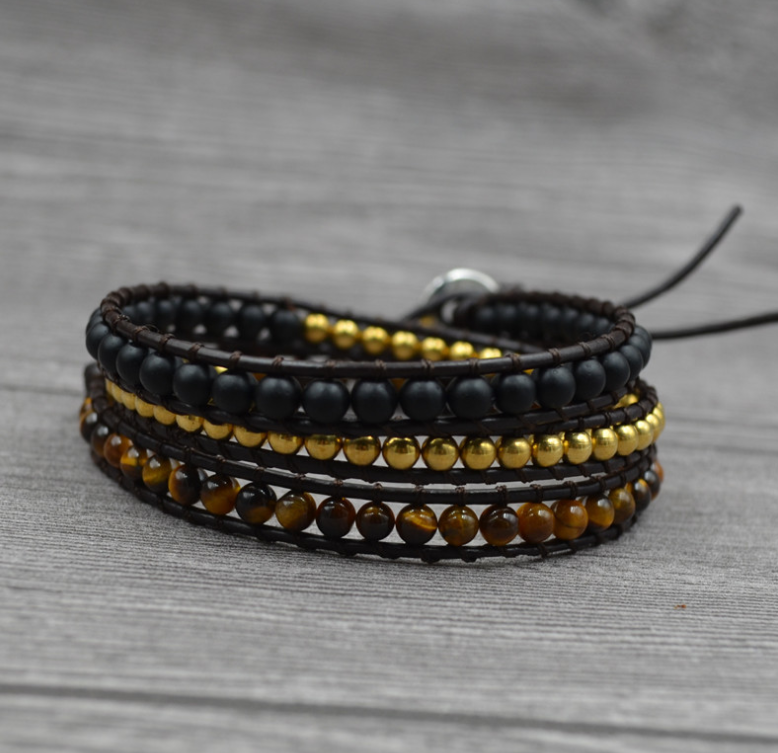 Tiger Eye Stone Wrap Bracelet | Multi-Layer Leather Band