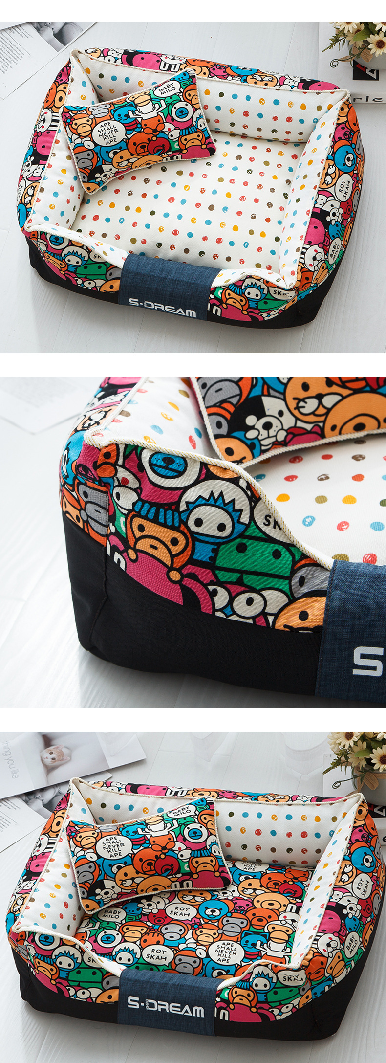 Waterproof Oxford Dog Bed | Canvas Pet Mat with Pillow 18 尚梦卡通涂鸦狗窝_08.jpg