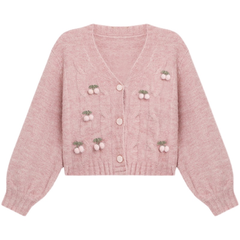 Women's Cherry Knit Cardigan | Pink Retro Sweater