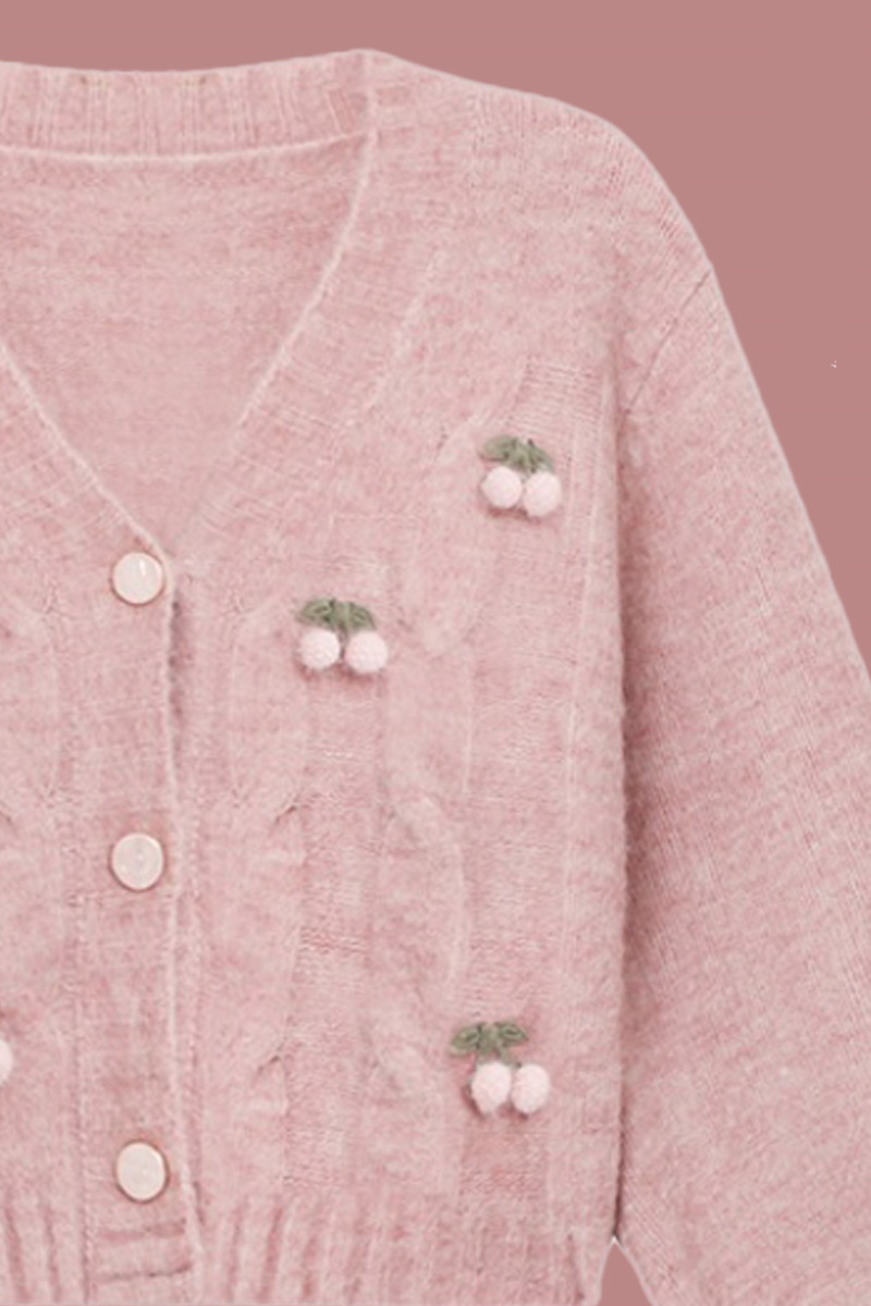 Women's Cherry Knit Cardigan | Pink Retro Sweater