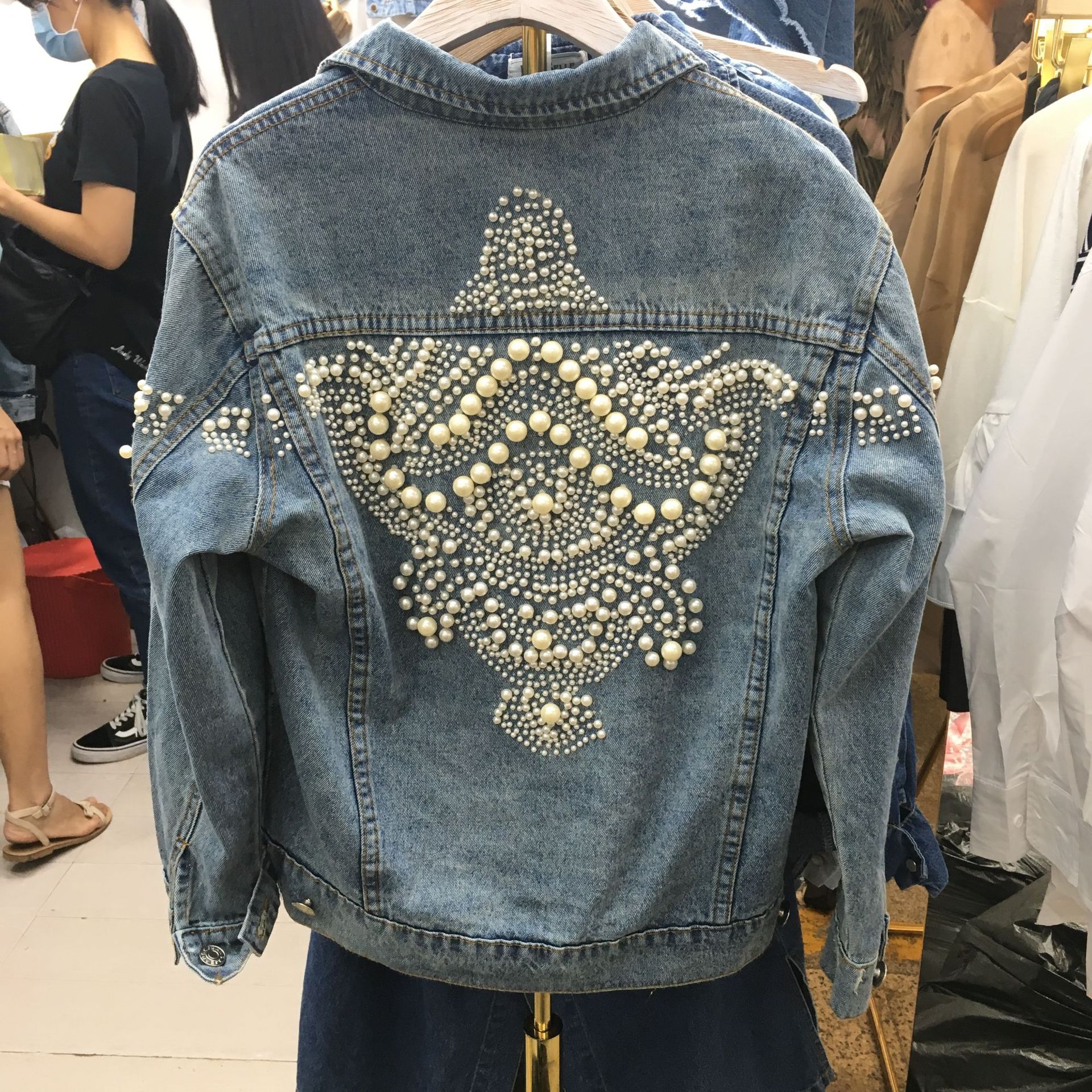 Women's Pearl Beaded Denim Jacket | Loose Fit 8 Women's Pearl Beaded Denim Jacket | Loose Fit