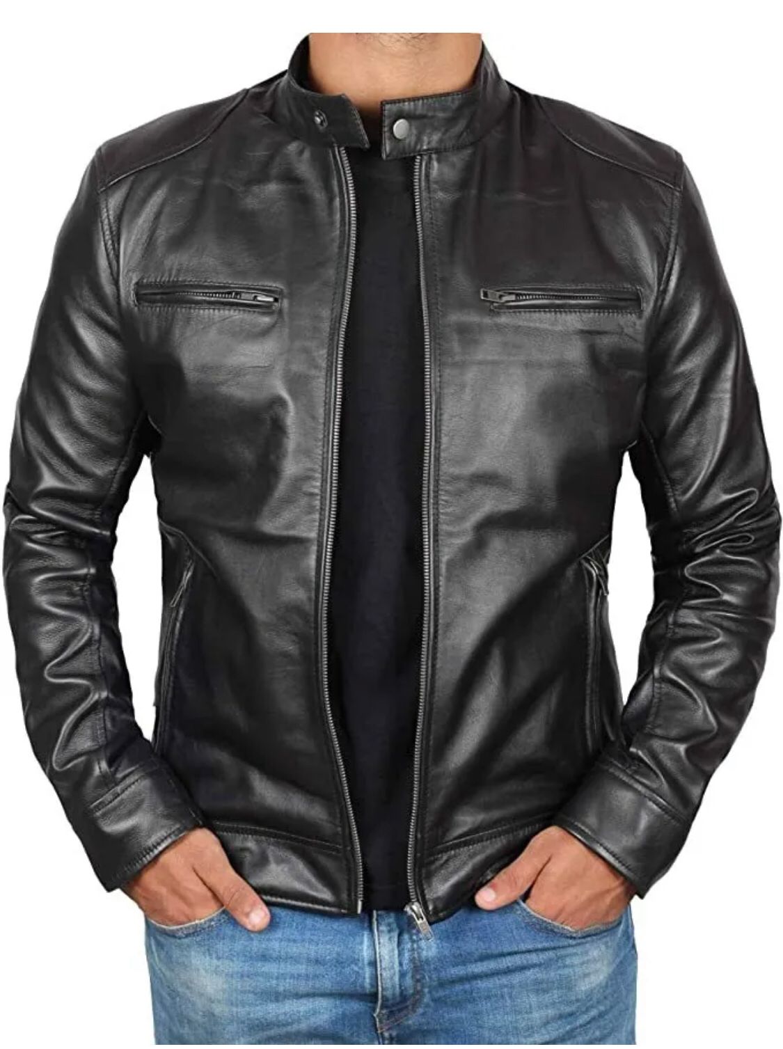 Men’s Black Real Leather Cafe Racer Jacket